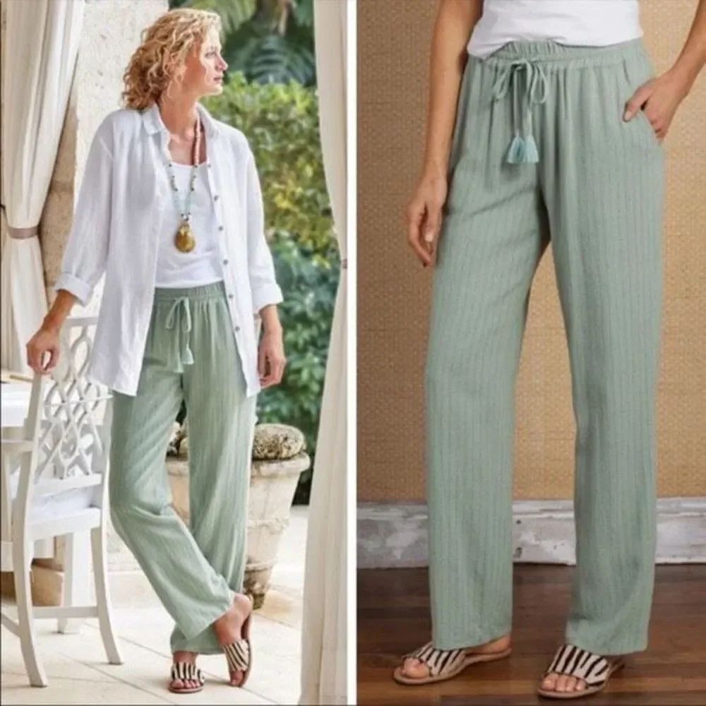 ✨Soft surroundings metallic striped linen blend elastic waist pants✨